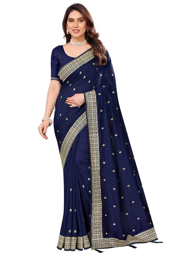 Vichitra Blooming Navy Blue Wedding Wear Zari Work Saree